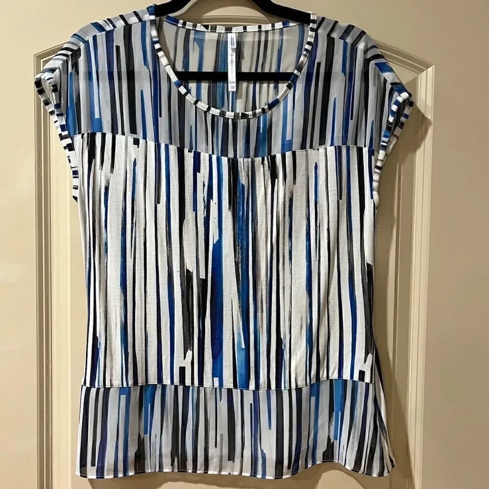 KAREN MILLEN Cap Sleeve Striped Blouse White Blue Black Women’s Size 10